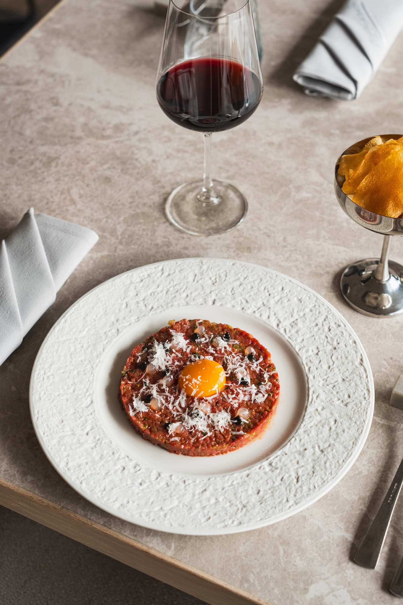 Przystań & Marina — beef tartare with egg yolk and aged cheese, fine dining Wrocław